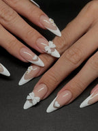 Short Almond Black & White Bow Pearl Press-On Nails