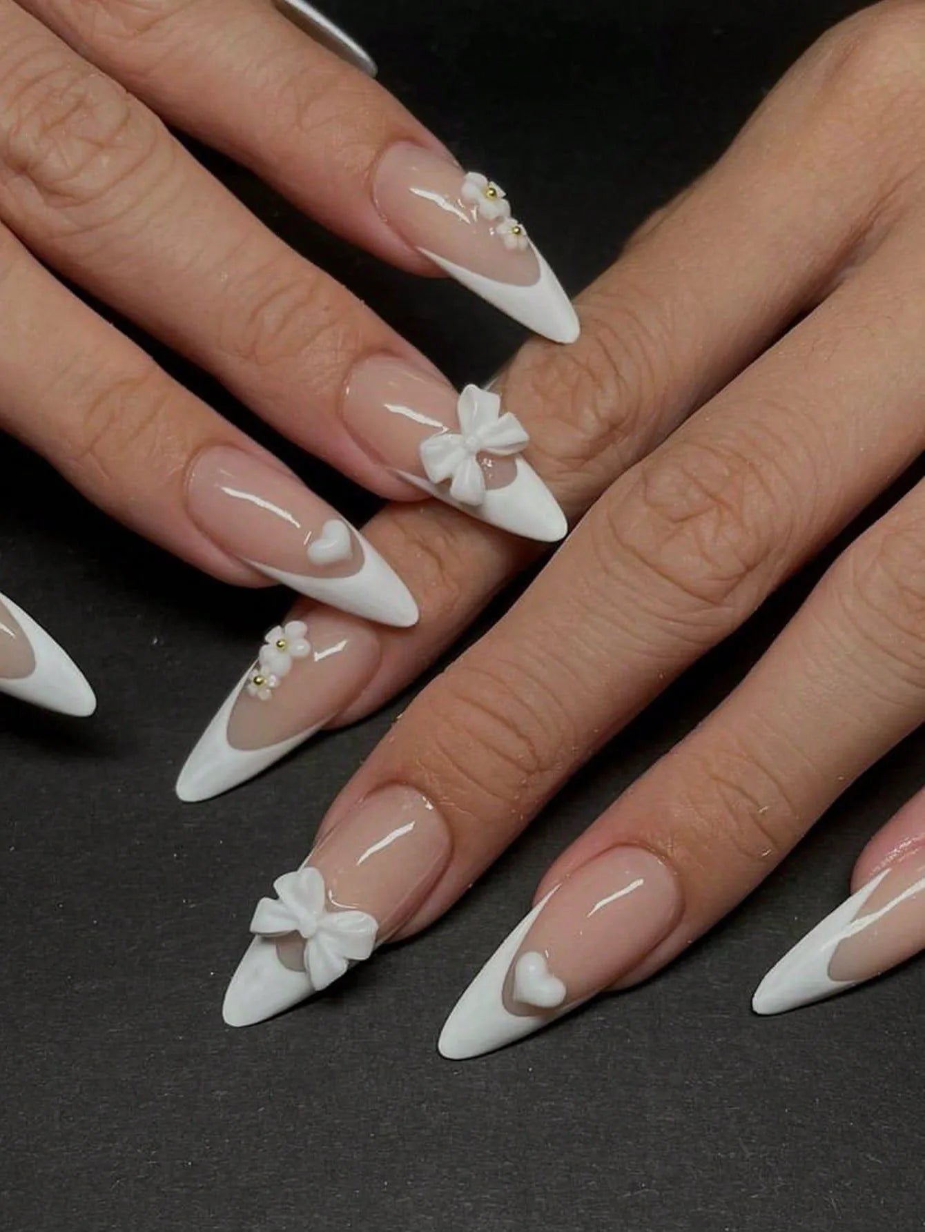 Short Almond Black & White Bow Pearl Press-On Nails