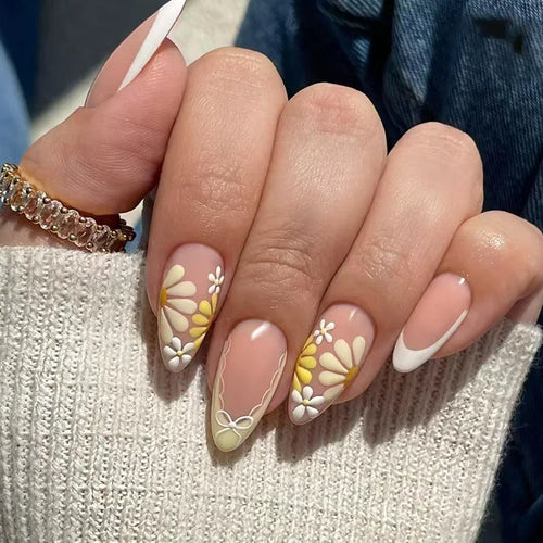 Yellow French Floral Almond Press-On Nails