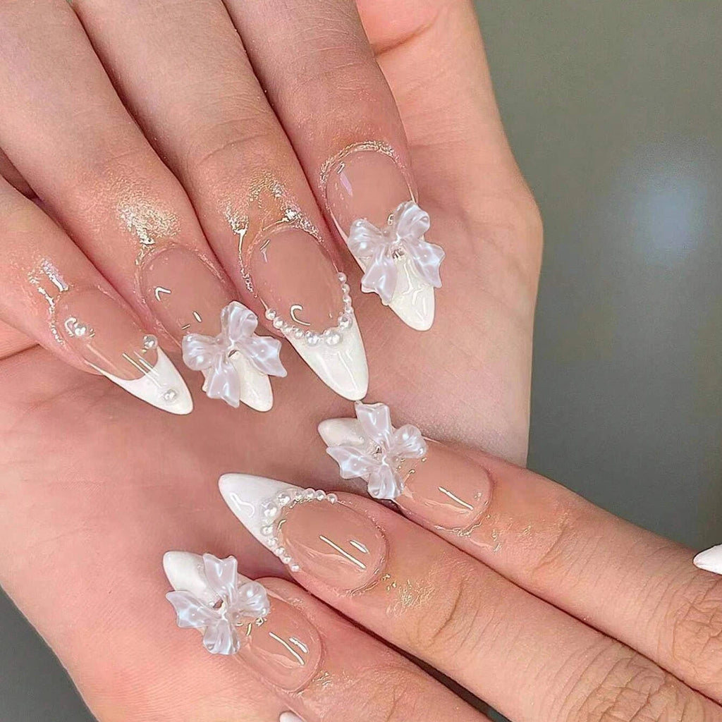 Short Almond Black & White Bow Pearl Press-On Nails
