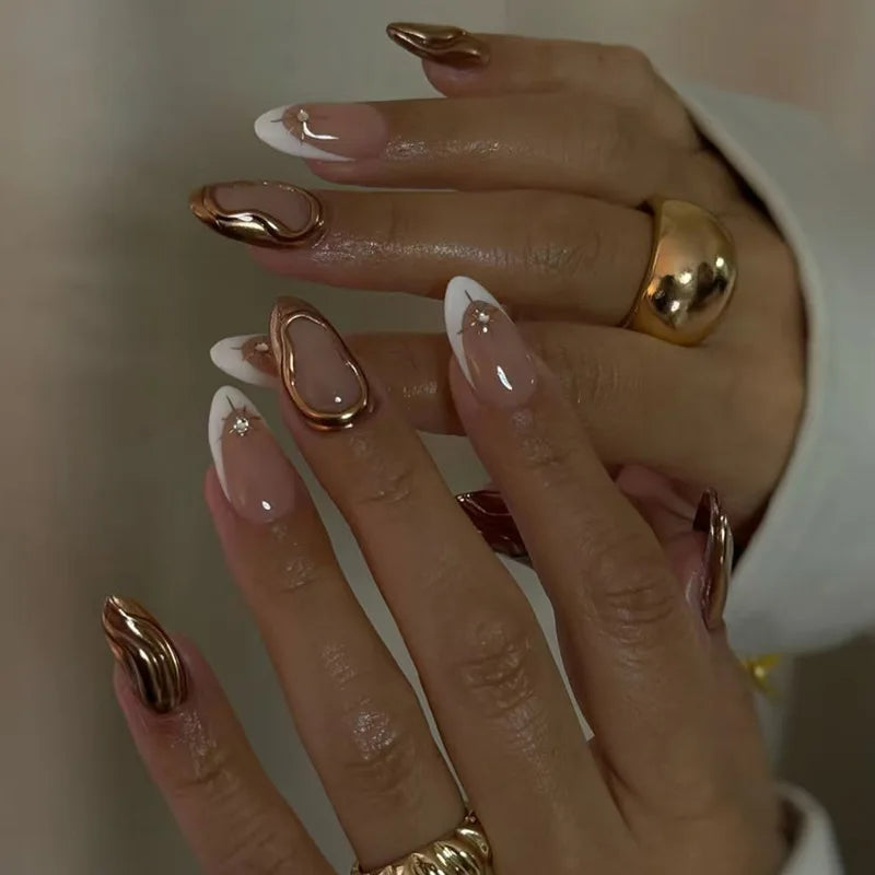 Nude Almond Press-On Nails with Flowers