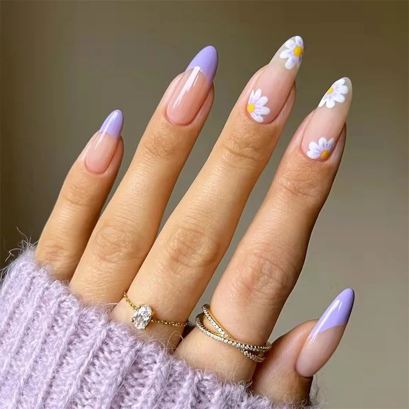 Purple Floral Almond Press-On Nails