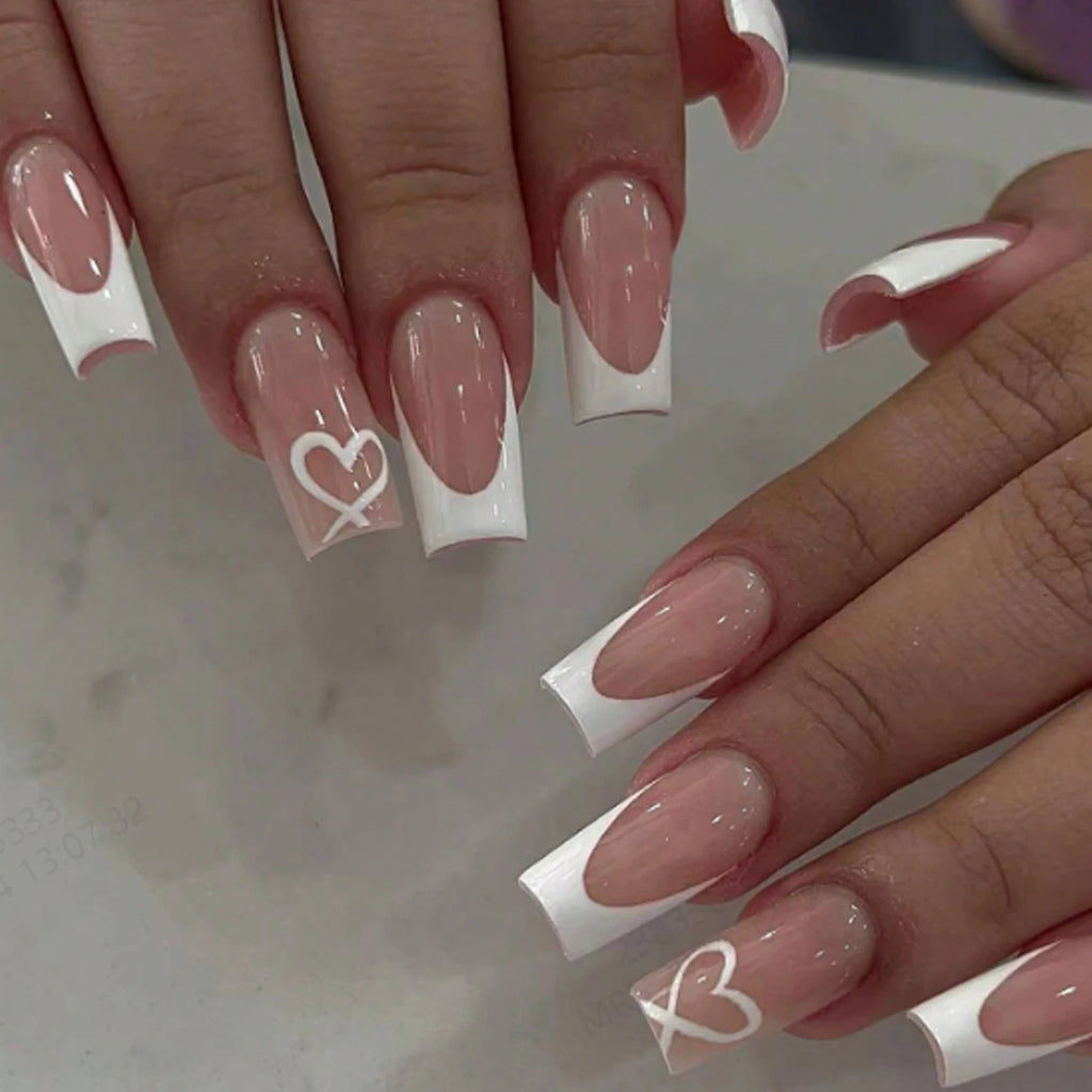 Short Almond Black & White Bow Pearl Press-On Nails