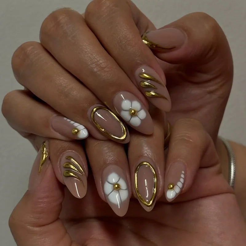 Nude Almond Press-On Nails with Flowers