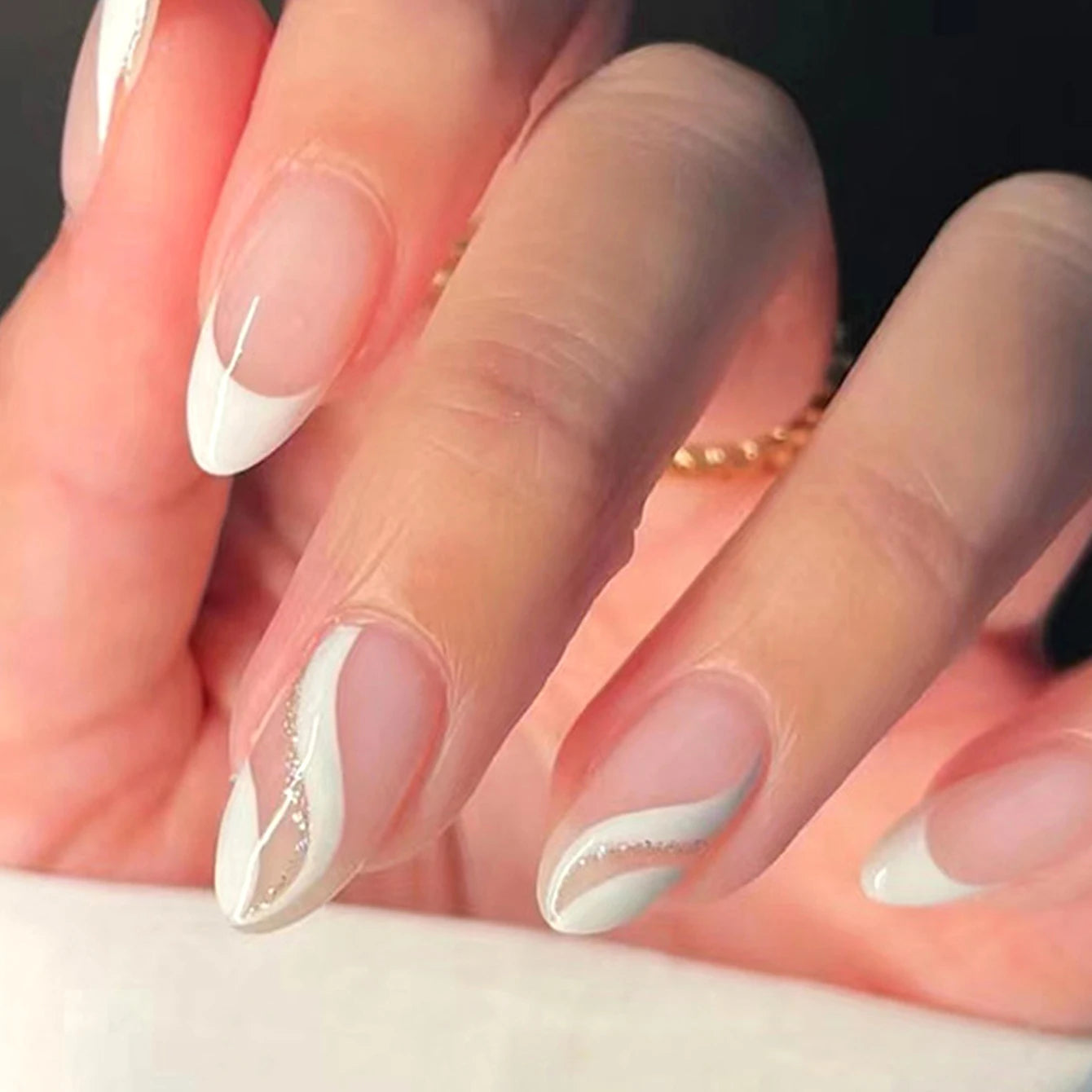 Short Almond Black & White Bow Pearl Press-On Nails