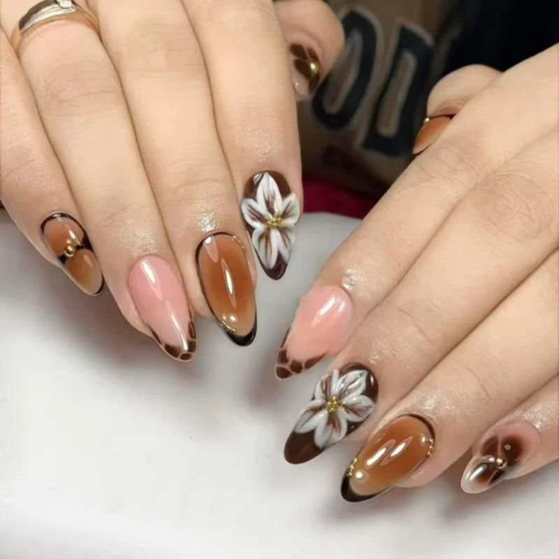 Nude Almond Press-On Nails with Flowers