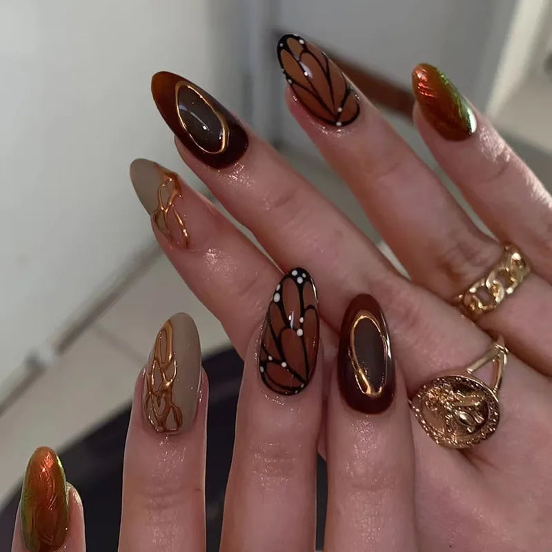 Nude Almond Press-On Nails with Flowers